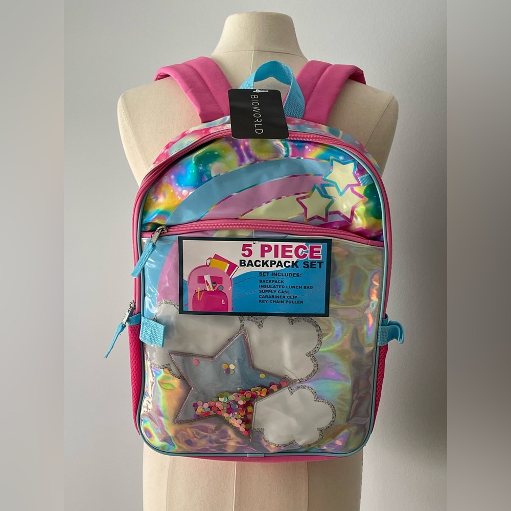 Rainbow And Stars 16 5-Piece Backpack & Lunchbox Set by Bioworld, NWT.